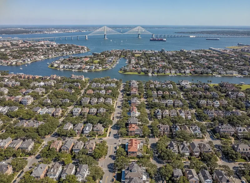 Aerial view of Charleston, SC with the Ravenel Bridge over the harbor