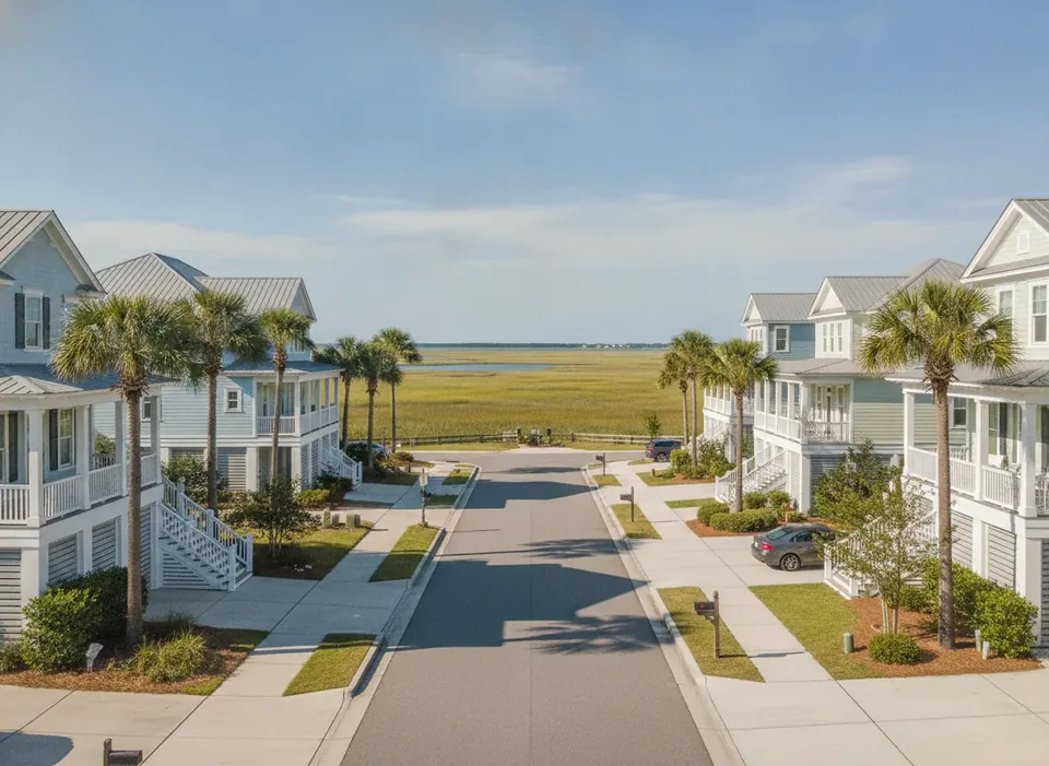 Lowcountry-style homes on a Mount Pleasant street near the marsh