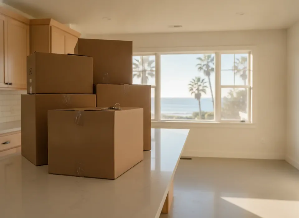 Moving boxes and house keys on a kitchen counter